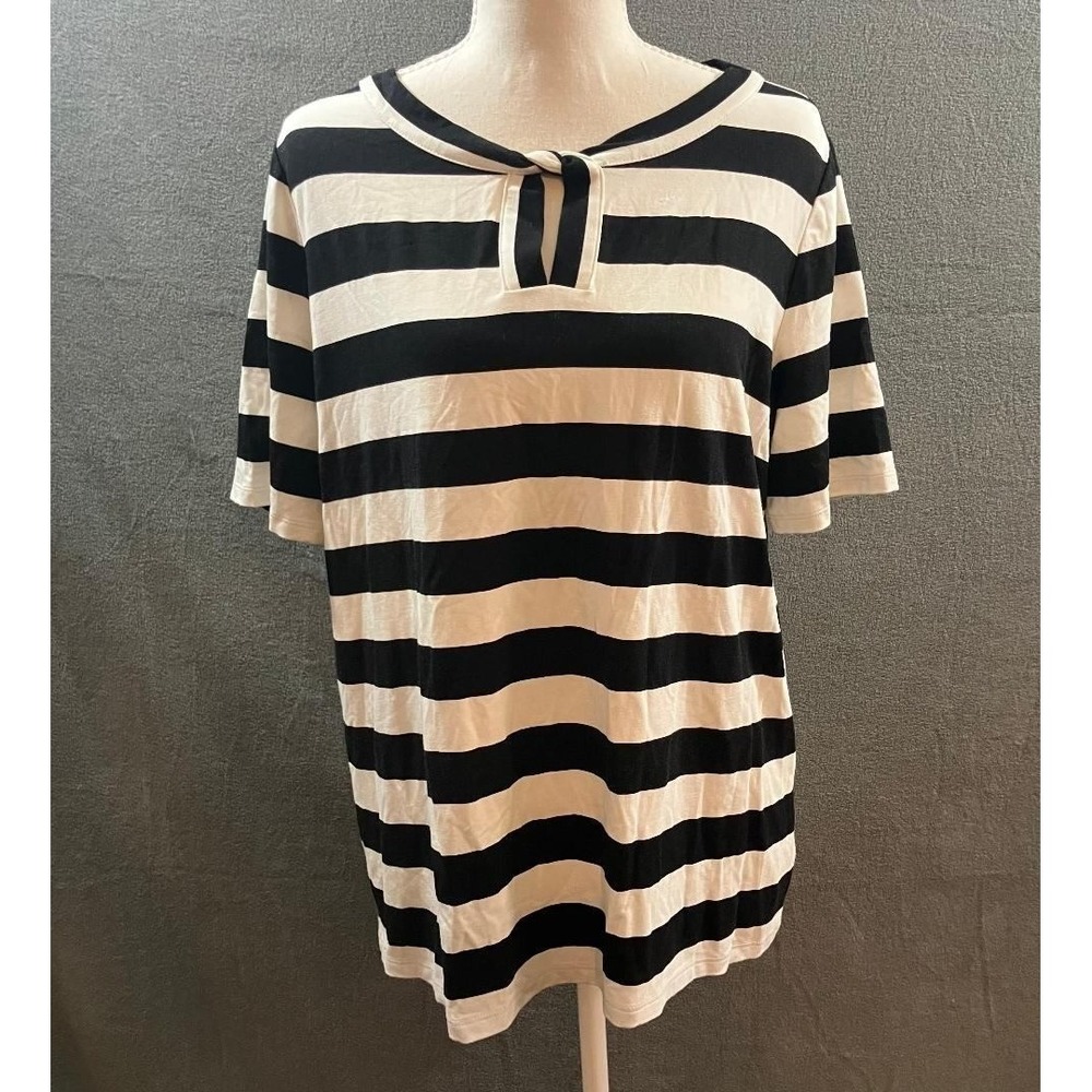 Talbots Top Striped‎ Knotted Keyhole Neck Short Sleeve Black White Plus 1Xp